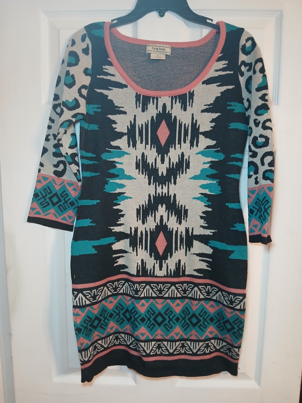 Flying Tomato Tribal Knit Midi Dress - Teal & Pink